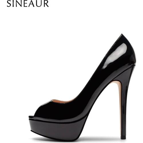 SINEAUR Shoes for women Fashion Female Super High-heel 13CM Ladies Thin Heels Peep-toe Platform Pumps PU Office Party Dress