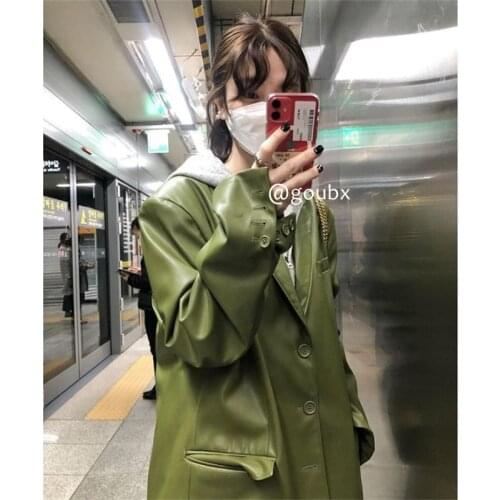 Korean Version Notched Single-breasted Womens Faux Leather Blazer Jacket Office Lady Casual Solid Oversized Loose Suit Outerwear