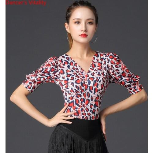 Latin Dance Female Adult Elegant Leopard Print Red Practice Top National Standard Dancing Printing Shirt Performance Clothing