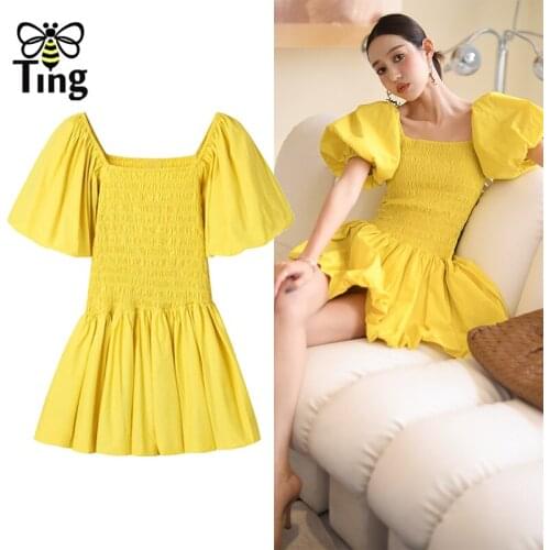 Tingfly Sumemer Designer France Fashion Puff Sleeve Bud Mini Dress Women Yellow Color Showy Party Dresses Trendy Traf Vestidos