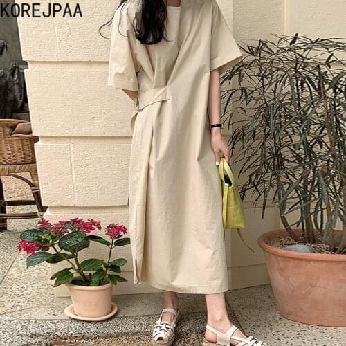 Korejpaa Women Dress 2021 Summer Korean Chic Ladies Minimalist Niche Round Neck Side Belt Design Over The Knee Shirt Vestidos