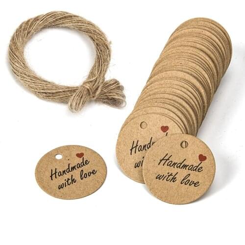 100Pcs 1.2 Inch ,Kraft Paper Handmade With Love Cards Hang Tag Labels For Party Gift Package Wedding Baking Small Busieness