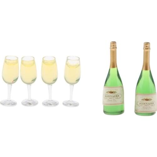 2 pcs Wine Bottles & 4 pcs Cups Kids Birthday Christmas Gifts, 1/12 Dollhouse Mini Kitchen Accessories