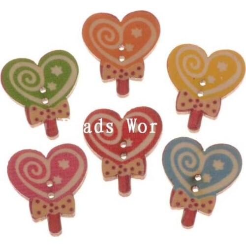 30pcs Heart Lollipop Wood Buttons Sewing Scrapbooking Clothing Headwear Handmade Crafts Home Decor Accessories DIY 25x20mm