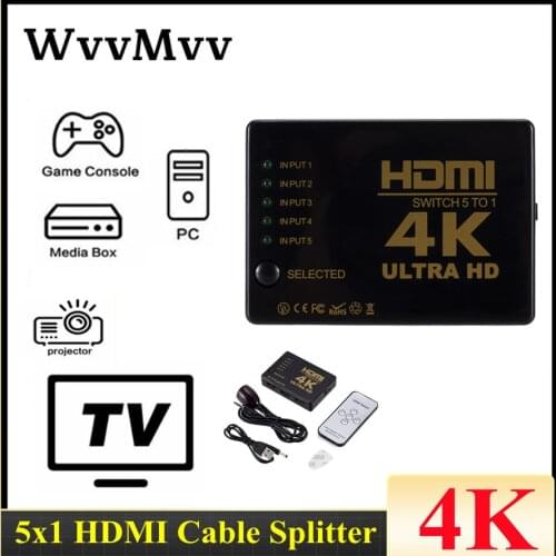 4K HD HDMI Splitter Cable 1080P 5into Port For HDTV DVD TV XBOX PS3/4 Z2 LAPTOP Mini Switcher With IR Remote Controller Selector