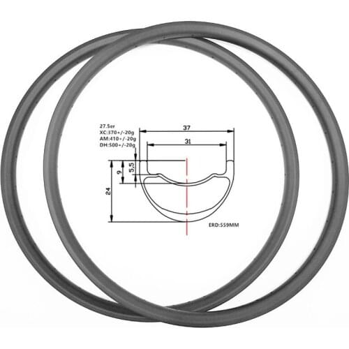 Graphene 27.5er carbon disc mtb rims 37x24mm symmetry TR 390g bicycle rim disc mtb rims aro mtb rodas mtb 650b ERD 559mm