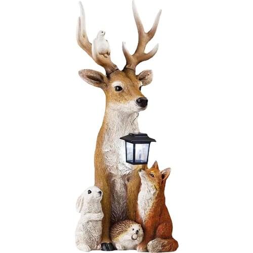 Exquisite Solar Garden Statue Resin Deer And Friends Sculpture Animal Figures For Outdoor Decoration With Protective Coating