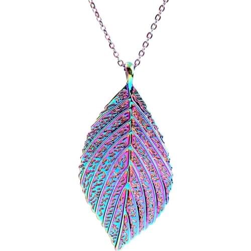 Alloy Rainbow Color Exquisite Leaf Pendant Necklace Leaves Texture Choker Charms 50cm Stainless Steel Chain DIY Handmade Jewelry