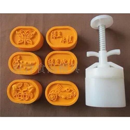 Chinese oval-shaped design Mooncake mung bean cake Molds mould with 6 Stamps plastic hand pressure , 50sets/lot