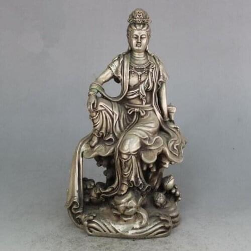 Collection archaize white copper Guanyin bodhisattva Buddha crafts statue