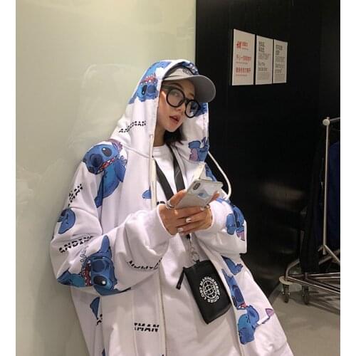 Disney Stitch Hoodies Coat Jacket Women Cute Stitch Pocket Zipper Cap Hip Hop Streetwear Korean Pop Female Coat Hooded Tracksuit