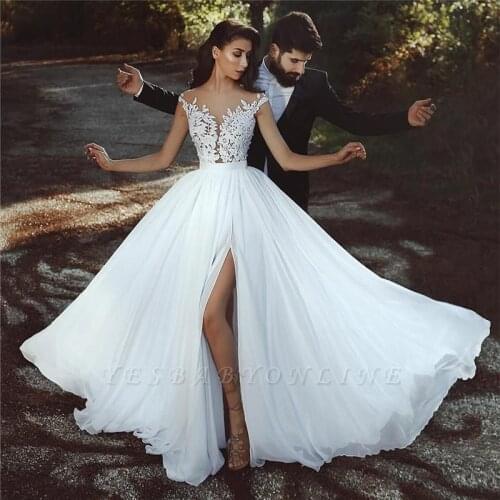 Hot New Arrivals A-line Chiffon Wedding Dresses With Sleeveless Lace Appliques Slit Bridal Gowns Vestido De Noiva