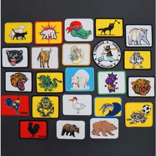 Cartoon Animal Embroidery Punk Biker Patch Merrow Border Polar Bear Dragon Bull Badge for Clothes Hat Accessories Decoration