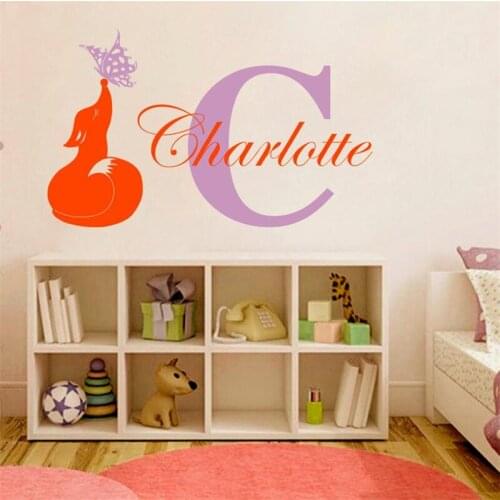 Wall Decal Animals Fox Butterfly Custom Personalized Name Baby Girl Boy Nursery Kids Childrens Room Home Décor Sticker HY1465