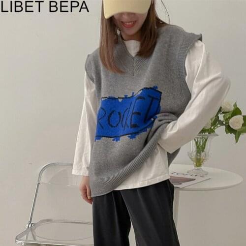 New 2021 Autunm Winter Women Sweaters Pullovers Sleeveless Vest Waistcoat Letter Vintage Oversized Korean Print Tops SWV1360JX