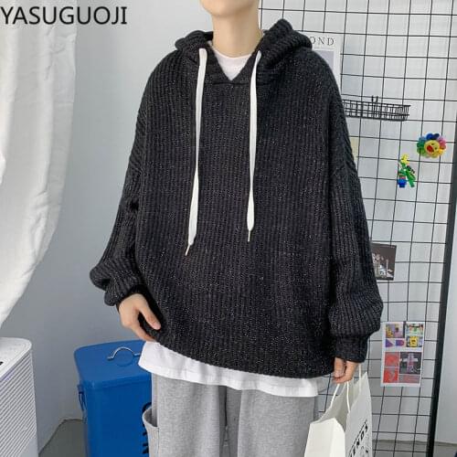 YASUGUOJI New 2021 Spring Sweater Men loose Knitted Mens Sweater Casual Hooded Pullover Men Cotton Sweatercoat Pull Homme