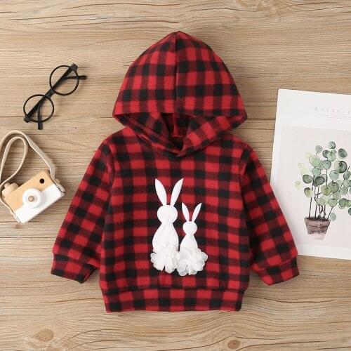 2021 New Arrivals Winter Children Casual Long Sleeve Hooded Red Plaid Print Rabbit Flowers Baby Girl T-shirt 0-2T