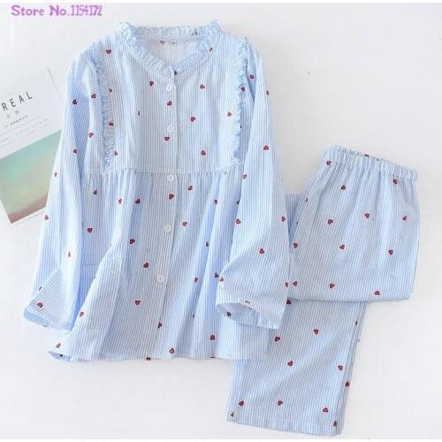 New 100% Cotton Set Round Neck Lactation Clothing Breastfeeding Suit Gauze Vertical Stripes Maternity Wear Long Sleeve Pajamas
