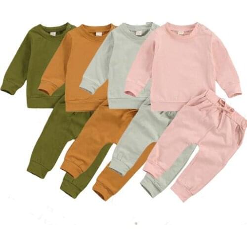 Autumn Spring Infant Warm Outfits Solid Color Long Sleeve Round Neck t shirt Elastic Long Pant Baby Boys Casual Clothes Sets