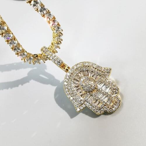 Iced Out Hand Pendant Necklace For Men Women Gifts 2 Colors Geometric Zircon Necklace Fashion Hip Hop Jewelry
