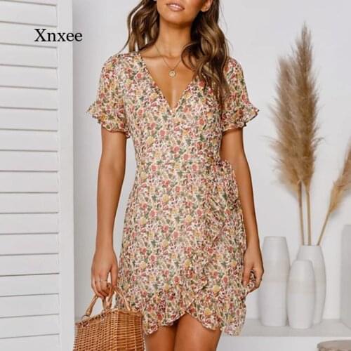 Sexy V Neck Women A Line Dresses Summer Floral Print Sundress Boho Beach Dress Ruffle Short Sleeve Mini Dress Wrap Robe Sundress