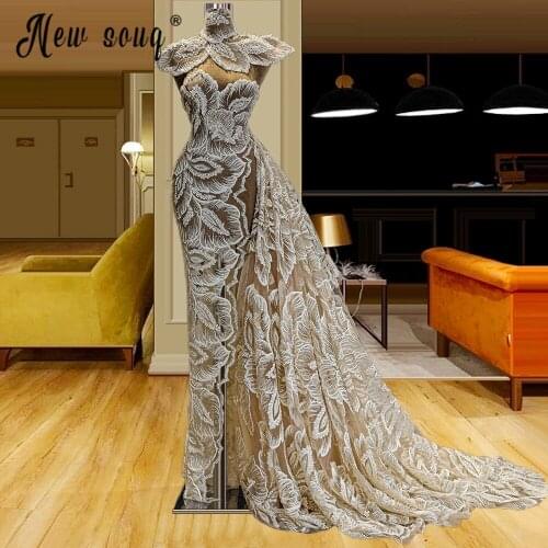 Detachable Train Evening Dress High Neck Two Pieces Formal Prom Dresses with Split Side Illusion Party Gowns вечернее платье
