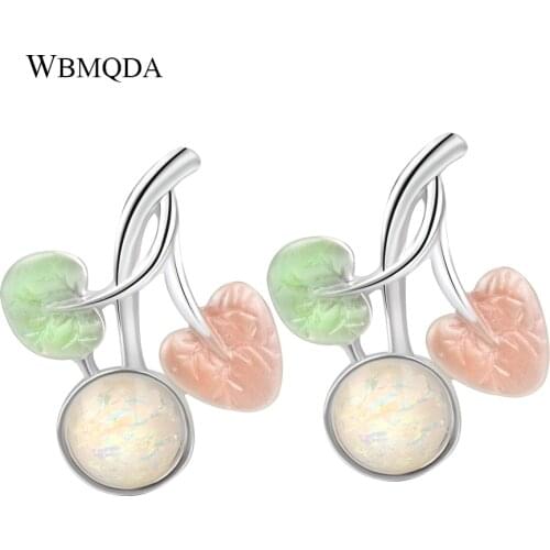 2018 Unique Colorful Enamel Cherry Stud Earrings For Women Silver Color Opal Stone Earings Fashion Jewelry Accessories BFF Gift