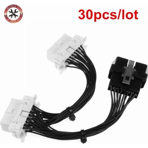 30pcs/lot 16 pin OBD2 OBD 2 OBDii Splitter Extension Cable one Male to Two Female Y Cable for ELM327 DHL Free Shipping