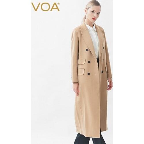VOA Pure Cashmere 14.75 Micron Lapel Collar Asymmetric Cover Bag Double Breasted Long Sleeve Green Camel Profile Coat S752