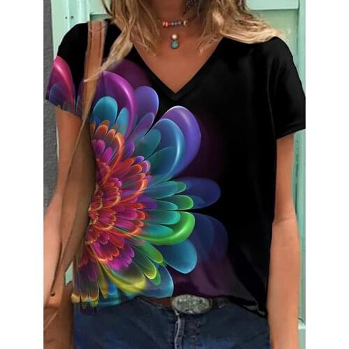 3d Women T-shirt Floral Printed Summer Ladies Flower Fashion New Loose Street Female 5xl Tee Casual V-neck Short Sleeve