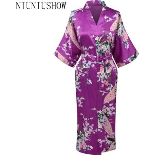 Purple Chinese Women Rayon Nightgown Print Kimono Bath Gown Bridesmaid Wedding Robe Plus Size S M L XL XXL XXXL T002