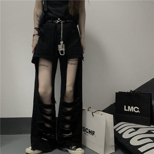 Punk Women Big Hollow Out Split Sexy Denim Pants Black Gothic Lady Cool Street Jeans 2021 Summer Dark Goth Distressed Long Pant