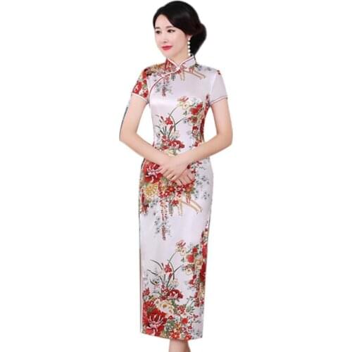 Women Dresses Chinese Style Flower Print Stand Collar Short Sleeve Women Slit Cheongsam Dress Women Clothing платье летнее 2021