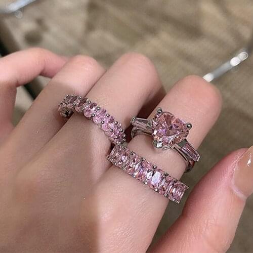 Bohemian Retro Crystal Rings Lotus Pink Gem Nature Finger Ring Zircon Silver Metal Jewelry for Women Wedding Anniversary Gift