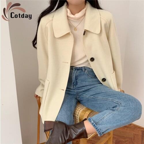Cotday Office Lady Solid Lapel 2020 Fashion Womens Coats Double-sided Korean Version Woolen Women Warm Winter Wool Coat Woman