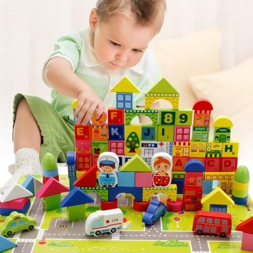 160 Pieces Baby Toys City Traffic Scenes Geometric Shape Building Blocks Early Educational Wooden Toy For Children Birthday Gift