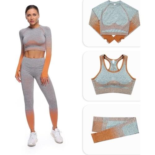 3pcs Women Seamless Yoga Suit Set High Elastic Sports Fitness Long Sleeve Clothes High Waist Hip-lifting Gym Workout Sportswear