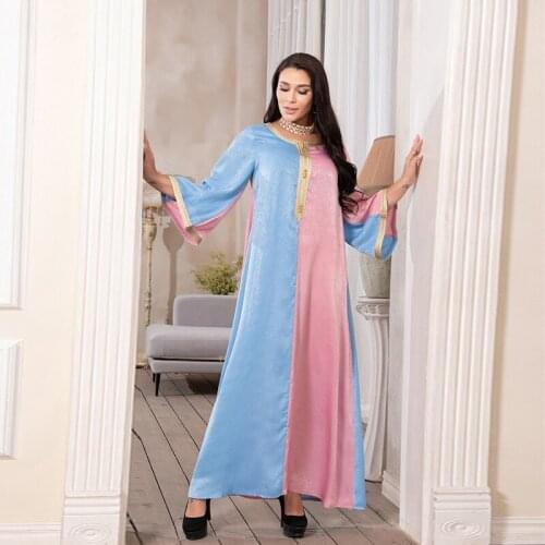 Abaya for Women Muslim Dubai Arabic Muslim Loose Abaya Dress for Women 2021 Kaftan Turkish Islamic Pink Blue Color Block Elegant