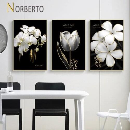 Abstract Flowers Canvas Painting Poster Print Gold Luxury Flowers Pure White Rose and Lily for Home Rooms Gallery Wall Decoratio