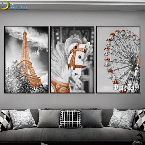 DIY Diamond Painting 5D Black White Landscape,Ferris Wheel,Tower White Horse Diamond Embroidery Nordic Animal Mosaic Home Decor