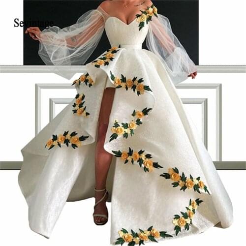Sevintage Asymmetrical Saudi Arabic Flowers Prom Dresses Off Shoulder Long Puff Sleeves Dubai Lace Evening Gowns Abendkleider