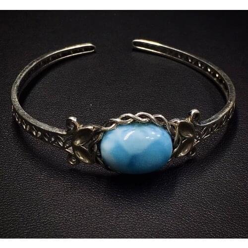 Natural Larimar Mosaic S925 Silver Bracelet Crystal Copper Pectolite Bracelet Healing Crystal Stone Charme Women Jewelry Gifts