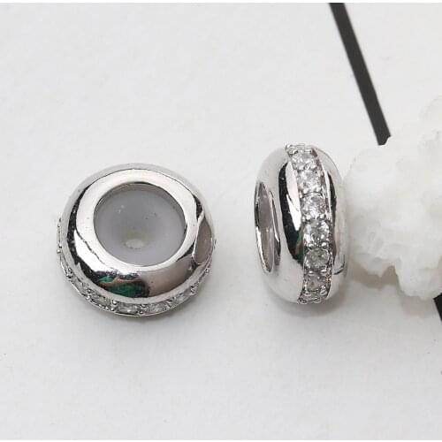 DoreenBeads Copper Slider Clasp Beads Round Filled Silicone Core Clear Cubic Zirconia For DIY 10mm( 3/8") Dia. Hole 1.5mm 2 pcs