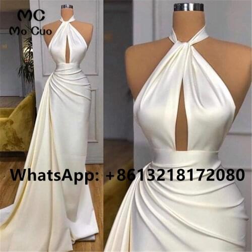 Elegant 2021 Halter Evening Dresses White Prom Gown Long Pleat Satin High Slit Evening Party Dress for Womens