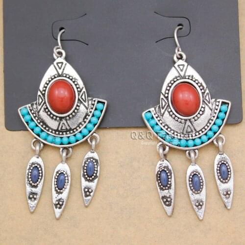 Tribal Vitnage Vacation Etched Triangle Arrow Stone Dome Zuni Gypsy Dangle Earrings For Women Brincos Tassel Bohemia