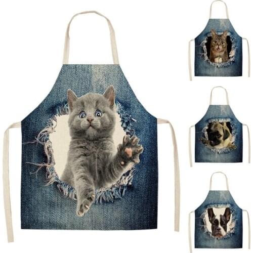 1Pcs Cat Dog Pattern Kitchen Aprons Cotton Linen Unisex Dinner Party Cooking Bibs Funny Pinafore Cleaning Tools WQTF20