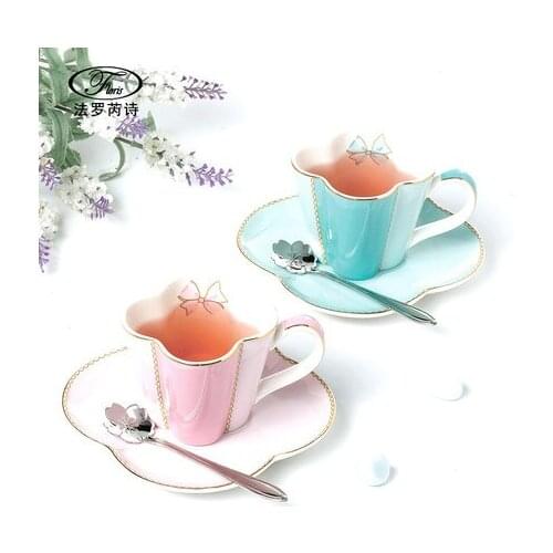 Ceramic Coffee Cup And Saucer Four Leaf Clover Design Porcelain Cup Set With Stainless Steel 304 Spoon Afternoon Tea Drinkware