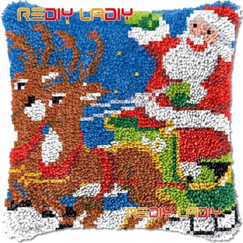 Latch Hook Cushion Santa & Reindeer DIY Needlepoint Kits Chunky Acrylic Yarn Arts Crocheting Lofty Pillow Case Hobby & Crafts