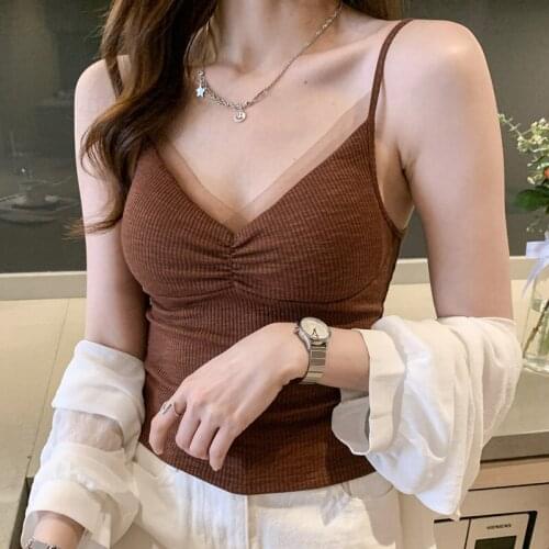 Summer Girls Wirefree Camisole With Pads Womens Stretchy Patched Mesh V-neck Tank Intimates Tops For Girls