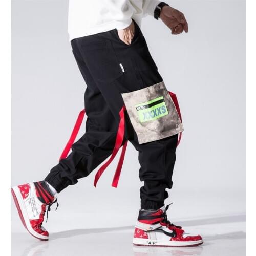 Western Style Color Patchwork Multi-Pockets Mens Jogger Trousers Hip Hop Spring Male Harem Pants Ribbons Fashionable Streetwear